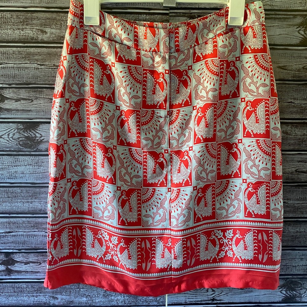 J McLaughlin Vintage‎ Women's Skirt Size 6 Red Pale Blue Bird Pencil